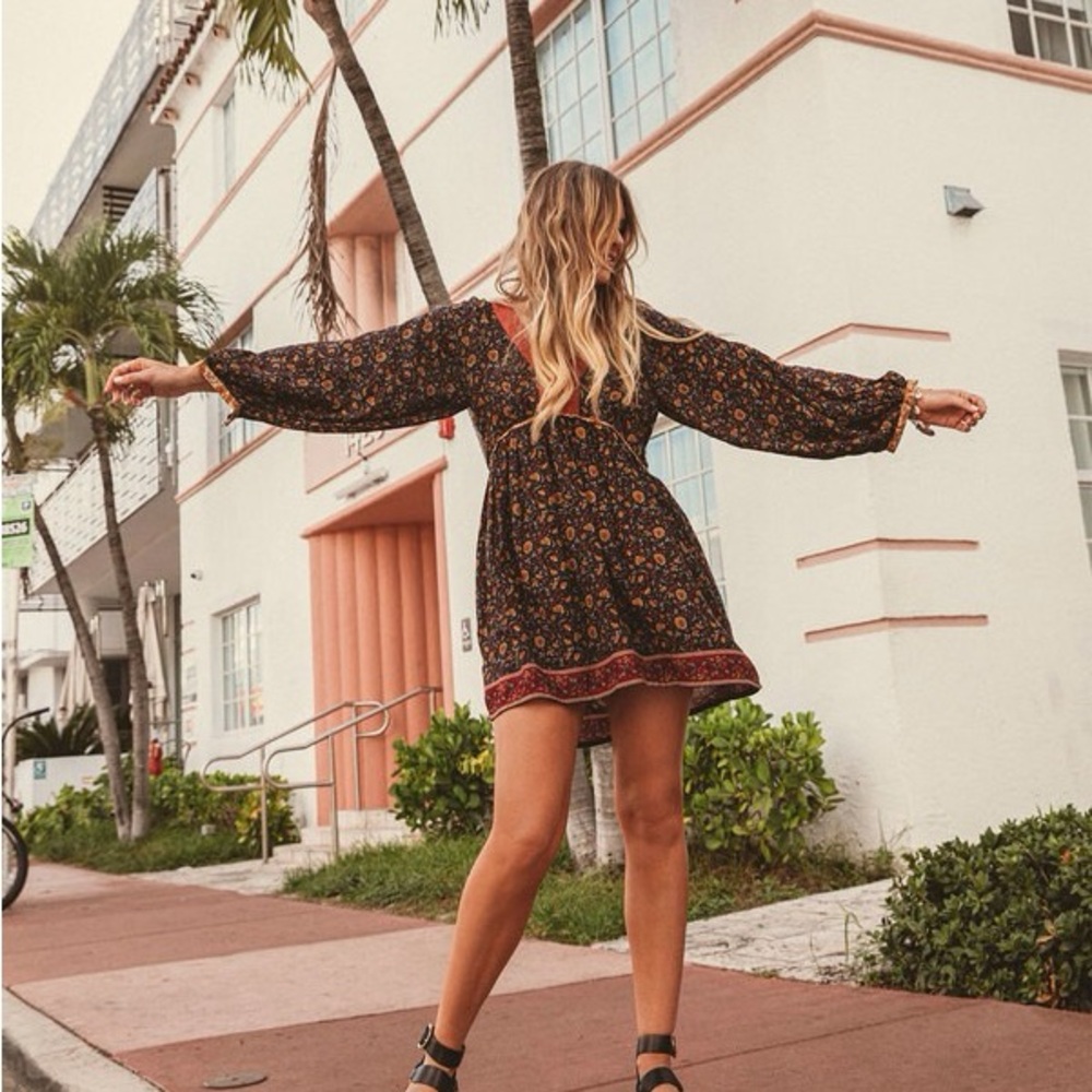 Billabong x Elle Ferguson Byron Dress Black Brown Floral Boho Dress Size 8